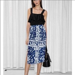 & other stories blue and white pleated midi skirt
